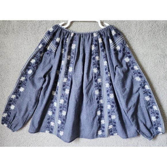 Hazel Women's Long Balloon Sleeve Tie V Neck Oversized Top Embroidered Blue Sz M - Picture 14 of 15